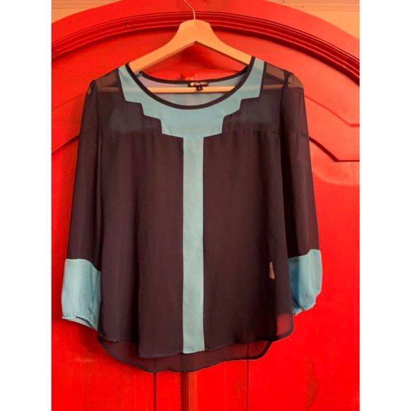 Lily White Gorgeous Color Blocked Turquoise Navy Sheer Blouse EUC CUTE Size S - Picture 1 of 2